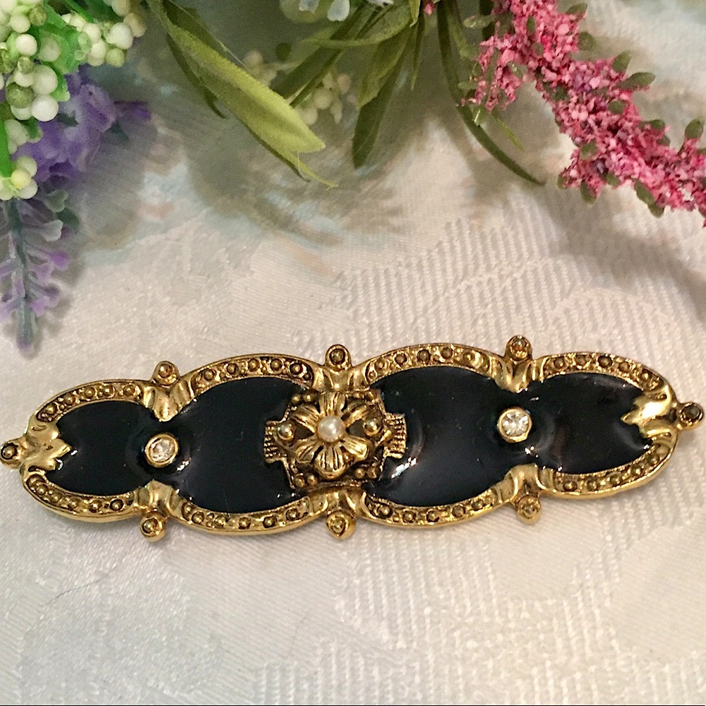 Vintage Gold Black Enamel Rhinestone Pearl Brooch